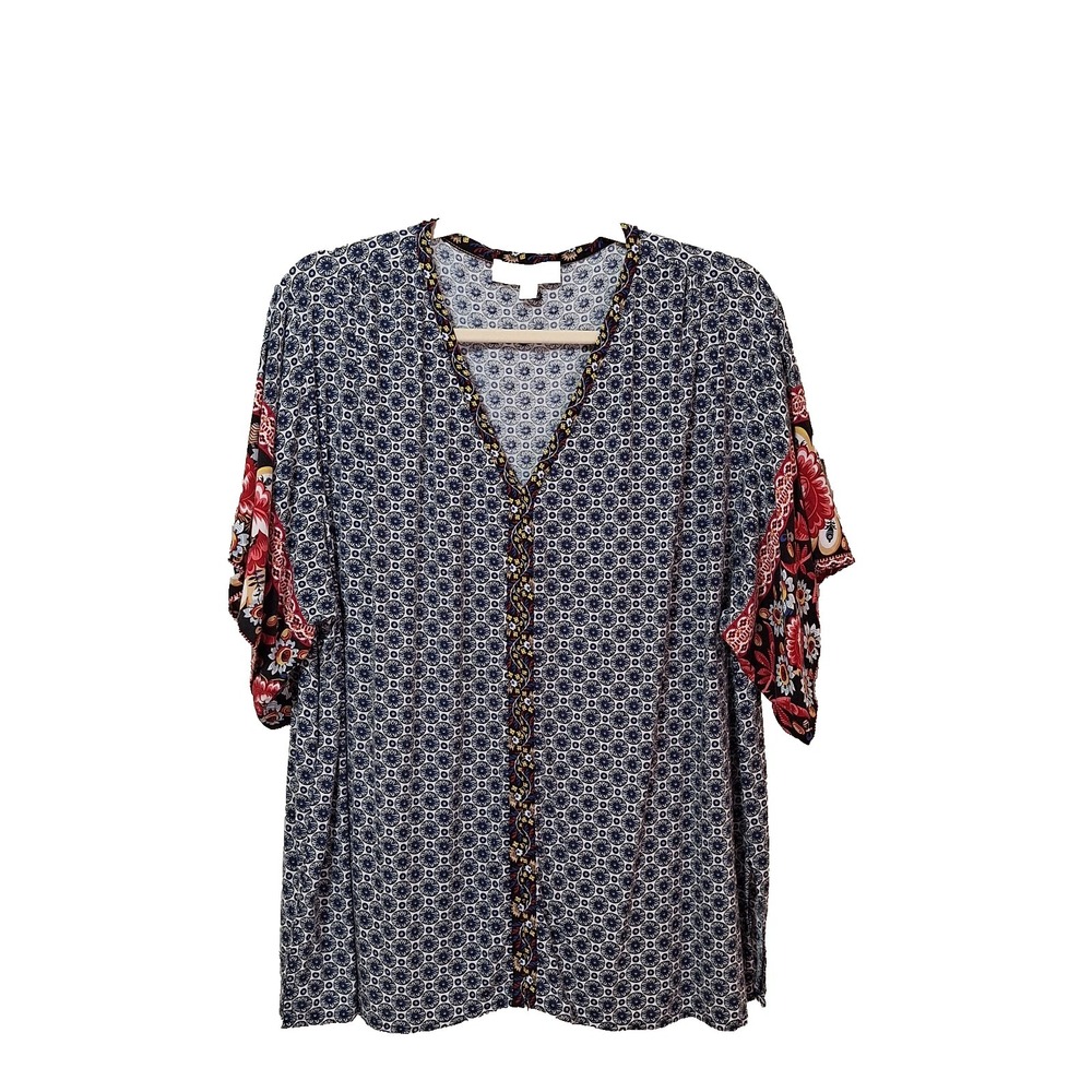 Weekend Suzanne Betro 1X  Scandinavian V Neck Pullover Top Blue Red Mixed Print